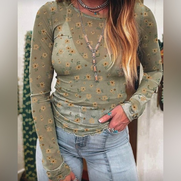 Halo & Harley Tops - Floral Long Sleeve Top - Green